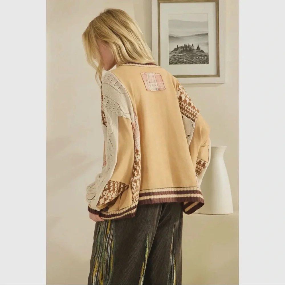 Oli & Hali Patchwork Beige Cream and Brown Knit Pullover